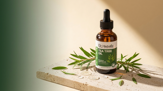 Dr Herbalist Tea Tree Oil bottle with fresh tea tree sprigs on a stone surface