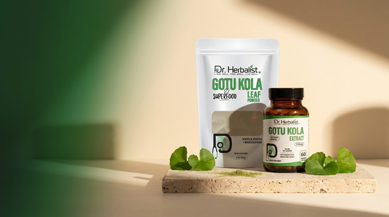 Dr. Herbalist gotu kola family: capsules and leaf powder with fresh gotu kola leaves on stone surface