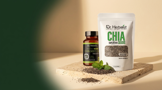 Dr. Herbalist chia family: raw chia seeds pouch and chia seed oil softgels with chia seeds on stone surface