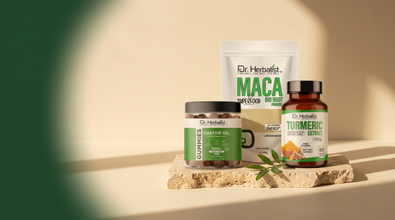 Dr. Herbalist halal supplement formats: capsules, powder pouch and gummies jar on stone surface