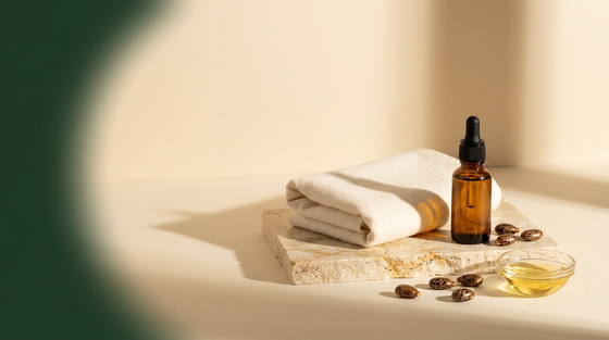 Castor oil pack ritual: folded flannel cloth, amber dropper bottle, castor beans and oil on stone surface