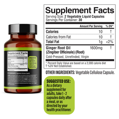 Ginger Oil Capsules 1600mg, Zingiber Officinale, Gingerols | No Spicy Burn | 60 Halal Softgels