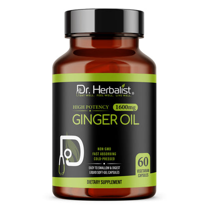 Ginger Oil Capsules 1600mg, Zingiber Officinale, Gingerols | No Spicy Burn | 60 Halal Softgels