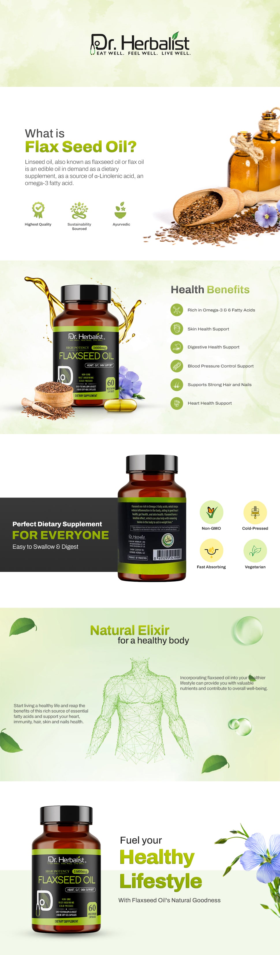 Flaxseed Oil Capsules 1600mg — Cold-Pressed, Fish-Free | Plant Omega-3 ALA | 60 Halal Softgels — feature 1
