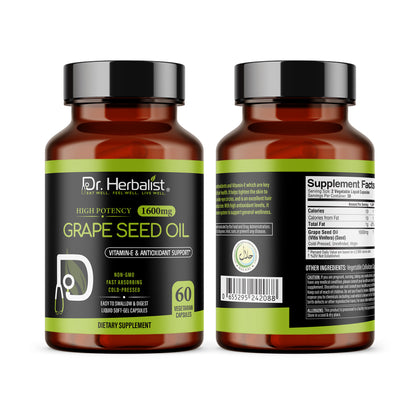 Grape Seed Oil Capsules 1600mg — Cold-Pressed, Vitamin E | Light & Tasteless | 60 Halal Softgels