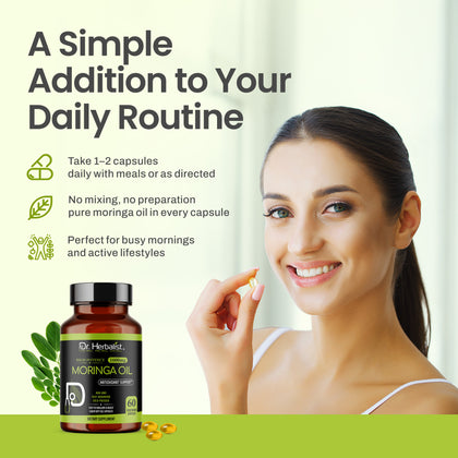Moringa Oil Capsules 1600mg — Cold-Pressed Seed (Ben) Oil | Oleic-Rich, Tasteless | 60 Halal Softgels