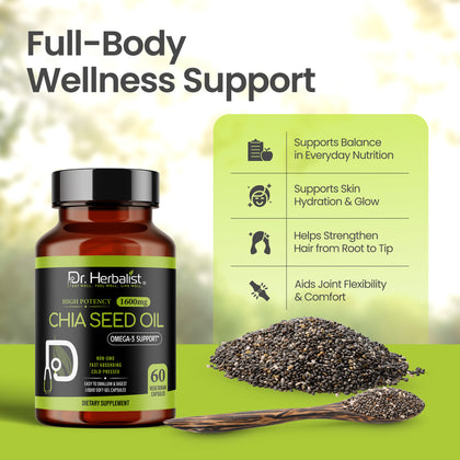 Chia Seed Oil Capsules 1600mg — Cold-Pressed, Fish-Free | Plant Omega-3 ALA | 60 Halal Softgels