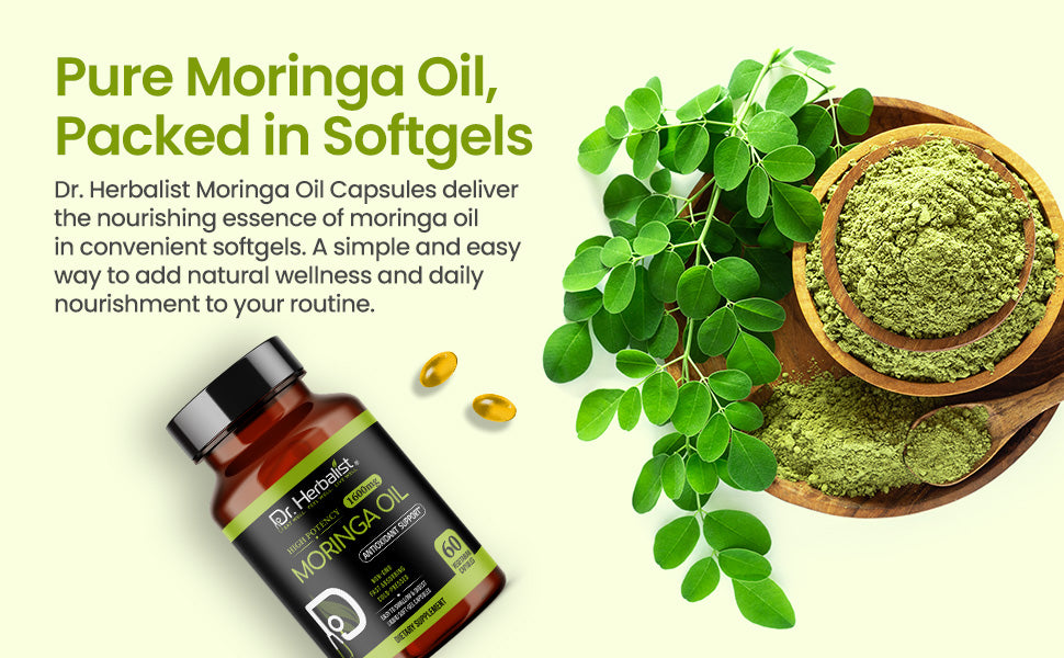 Moringa Oil Capsules 1600mg — Cold-Pressed Seed (Ben) Oil | Oleic-Rich, Tasteless | 60 Halal Softgels — feature 2