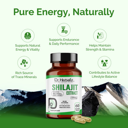Shilajit Capsules 450mg — Purified Himalayan with Fulvic Acid | Supports Everyday Energy & Vitality | Halal, Capsules