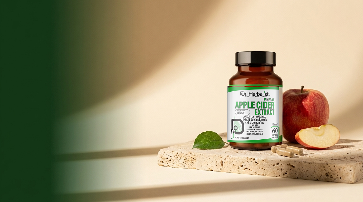Dr. Herbalist Apple Cider Vinegar Extract capsules bottle with fresh apple on stone surface