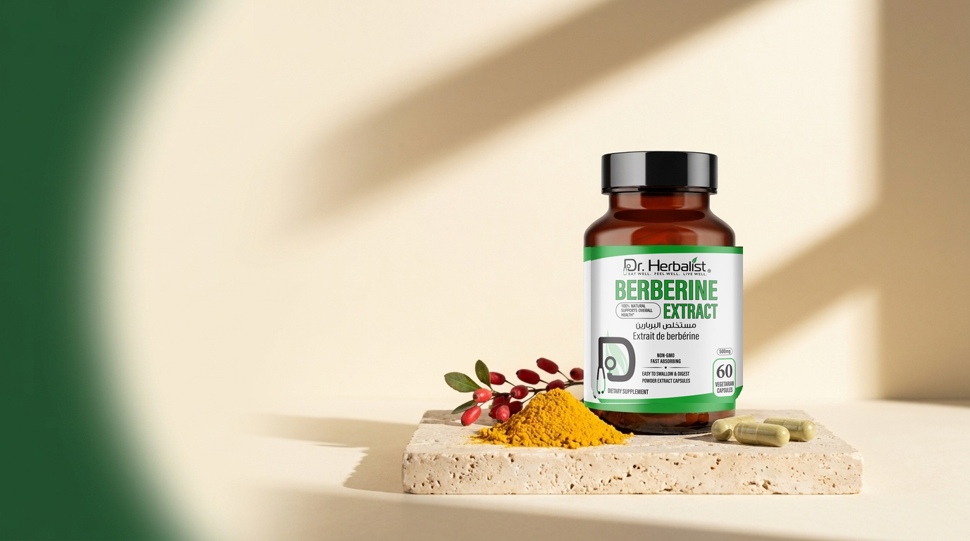 Dr. Herbalist Berberine Extract 500mg capsules bottle with barberry sprig and berberine powder on stone surface
