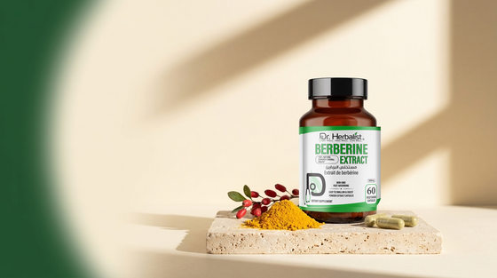 Dr. Herbalist Berberine Extract 500mg capsules bottle with barberry sprig and berberine powder on stone surface