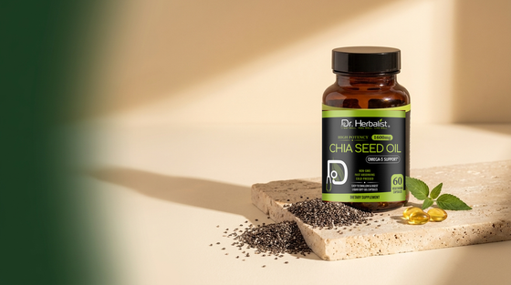 Dr. Herbalist Chia Seed Oil softgel capsules bottle with chia seeds on stone surface