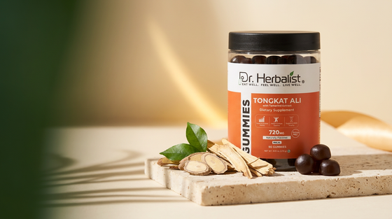 Dr Herbalist Tongkat Ali Gummies jar with tongkat ali root on a stone surface