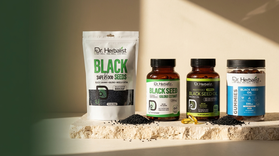 Dr. Herbalist black seed (Nigella sativa) family range on stone surface