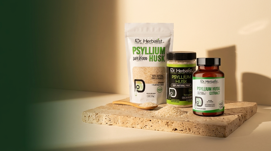 Dr. Herbalist psyllium husk family: extract capsules, whole husk jar and husk powder on stone surface