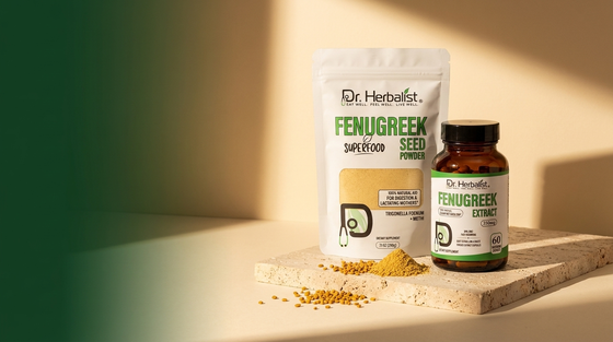 Dr. Herbalist fenugreek (methi) family: extract capsules and seed powder with methi seeds on stone surface