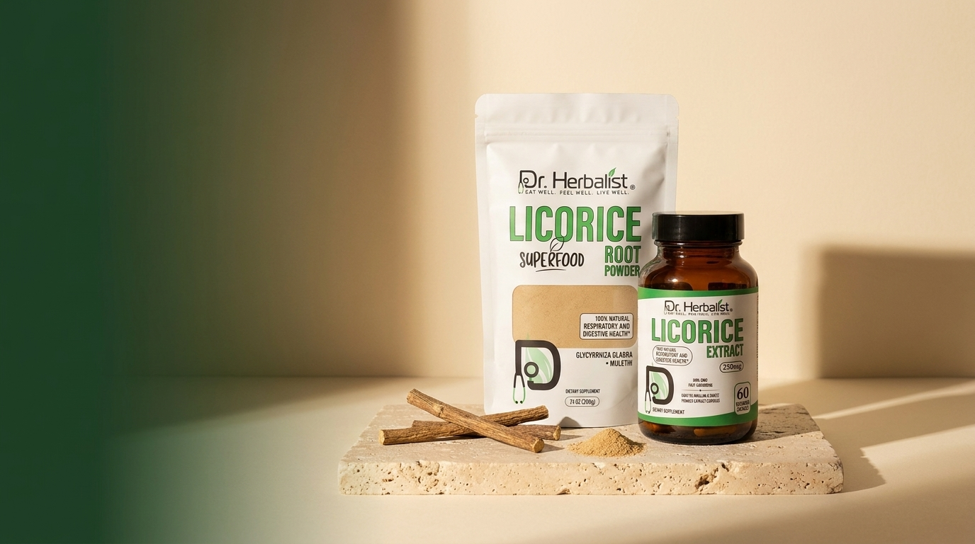Dr. Herbalist licorice root (mulethi) family: extract capsules and root powder with licorice sticks on stone surface