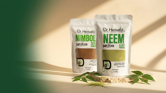 Dr. Herbalist neem family: neem leaf powder and nimboli powder with fresh neem leaves on stone surface