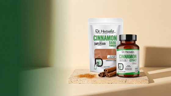 Dr. Herbalist cinnamon family: extract capsules and bark powder with cinnamon sticks on stone surface