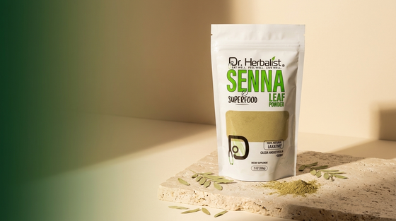 Dr. Herbalist Senna Leaf Powder pouch with dried senna leaves on stone surface