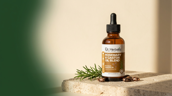 Dr. Herbalist Rosemary and Castor Oil Blend 120mL bottle with rosemary sprig and castor beans on stone surface