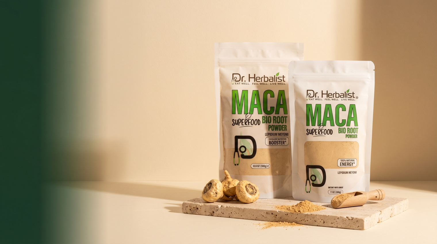 Dr. Herbalist maca root powder family: 200g and 300g pouches with dried maca roots on stone surface