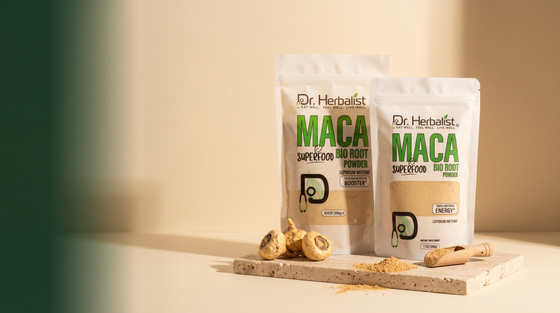 Dr. Herbalist maca root powder family: 200g and 300g pouches with dried maca roots on stone surface