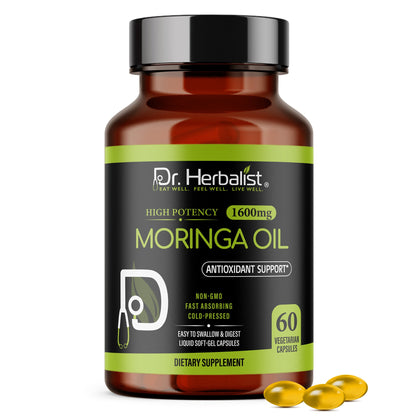 Moringa Oil Capsules 1600mg — Cold-Pressed Seed (Ben) Oil | Oleic-Rich, Tasteless | 60 Halal Softgels