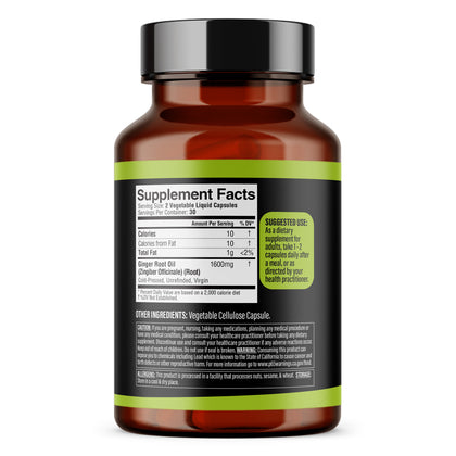 Ginger Oil Capsules 1600mg, Zingiber Officinale, Gingerols | No Spicy Burn | 60 Halal Softgels