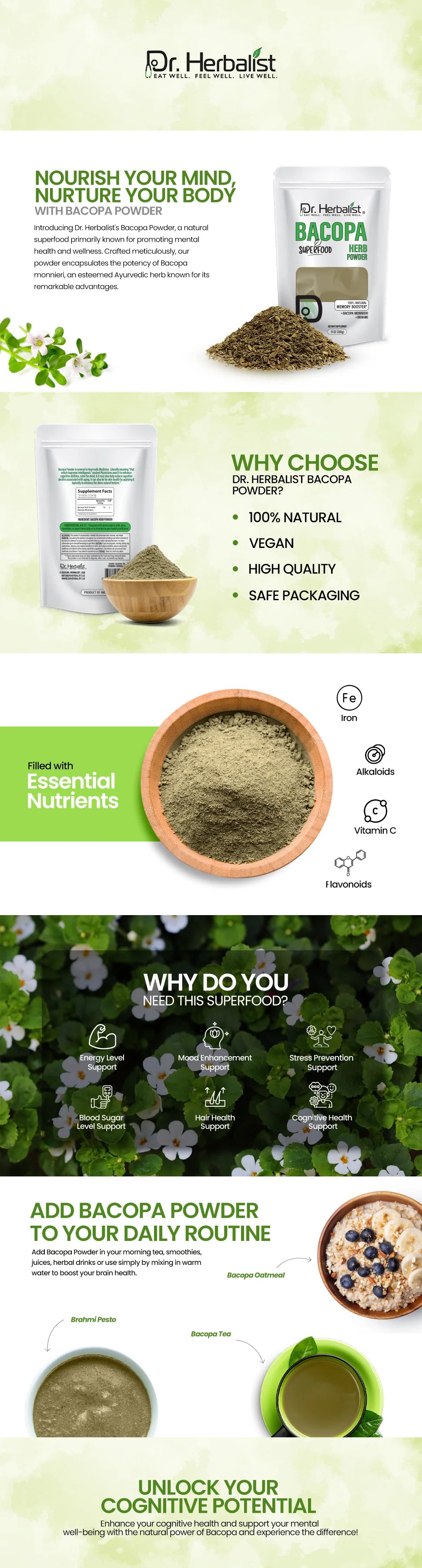 Bacopa Powder 200g — Single-Ingredient Bacopa Monnieri (Brahmi) | Calm, Focus & Stress Support | Halal, No Fillers — feature 1