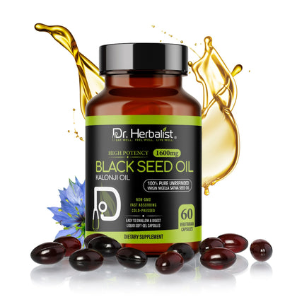 Black Seed Oil Capsules 1600mg — Extra Strength Cold-Pressed Nigella Sativa | Immune & Antioxidant Support | 60 Halal Softgels