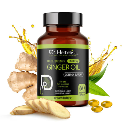 Ginger Oil Capsules 1600mg — Zingiber Officinale, Gingerols | No Spicy Burn | 60 Halal Softgels