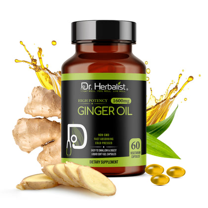 Ginger Oil Capsules 1600mg, Zingiber Officinale, Gingerols | No Spicy Burn | 60 Halal Softgels
