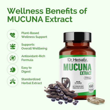 Mucuna Pruriens Extract 350mg, Kapikacchu, Velvet Bean | Supports Everyday Energy & Well-Being | Halal, 60 Capsules