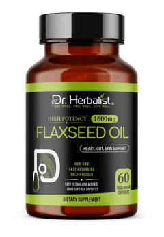 Flaxseed Oil Capsules 1600mg, Cold-Pressed, Fish-Free | Plant Omega-3 ALA | 60 Halal Softgels