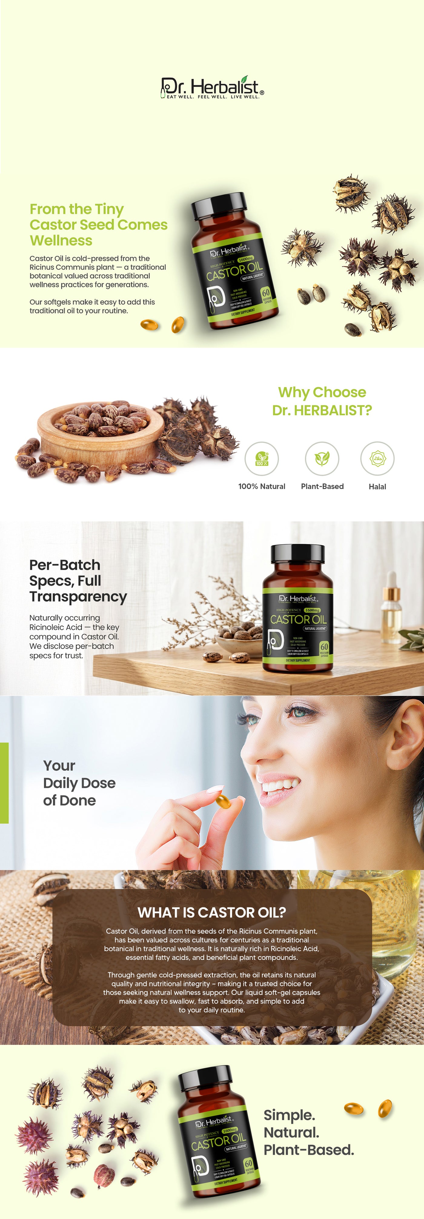 Castor Oil Capsules 1600mg — Cold-Pressed, Hexane-Free | Mess-Free Self-Care | 60 Halal Softgels — feature 1