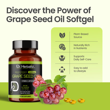 Grape Seed Oil Capsules 1600mg — Cold-Pressed, Vitamin E | Light & Tasteless | 60 Halal Softgels