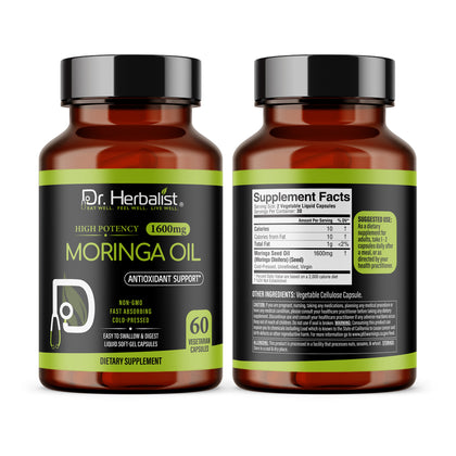 Moringa Oil Capsules 1600mg — Cold-Pressed Seed (Ben) Oil | Oleic-Rich, Tasteless | 60 Halal Softgels