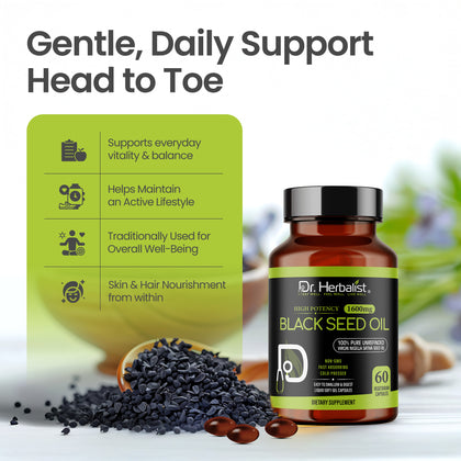 Black Seed Oil Capsules 1600mg — Extra Strength Cold-Pressed Nigella Sativa | Immune & Antioxidant Support | 60 Halal Softgels