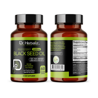 Black Seed Oil Capsules 1600mg — Extra Strength Cold-Pressed Nigella Sativa | Immune & Antioxidant Support | 60 Halal Softgels
