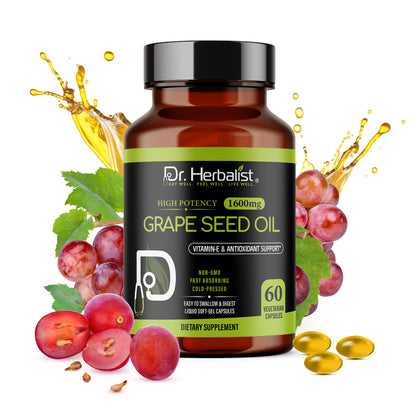 Grape Seed Oil Capsules 1600mg — Cold-Pressed, Vitamin E | Light & Tasteless | 60 Halal Softgels