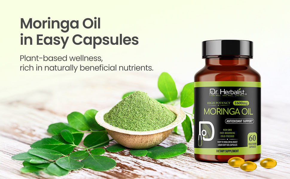 Moringa Oil Capsules 1600mg — Cold-Pressed Seed (Ben) Oil | Oleic-Rich, Tasteless | 60 Halal Softgels — feature 4