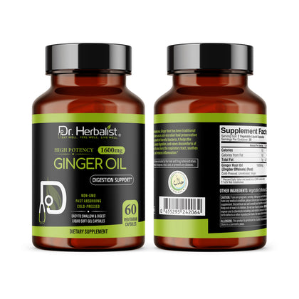 Ginger Oil Capsules 1600mg — Zingiber Officinale, Gingerols | No Spicy Burn | 60 Halal Softgels