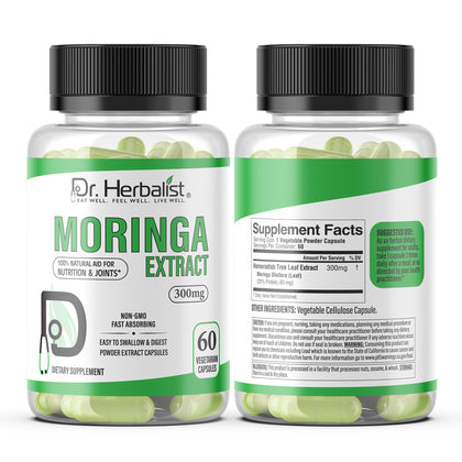 Moringa Leaf Capsules 300mg, Moringa Oleifera (Sahjan) | Natural Source of Vitamins, Minerals & Fiber | Halal, Capsules