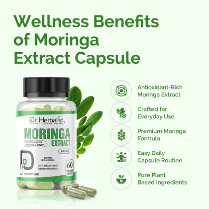 Moringa Leaf Capsules 300mg, Moringa Oleifera (Sahjan) | Natural Source of Vitamins, Minerals & Fiber | Halal, Capsules